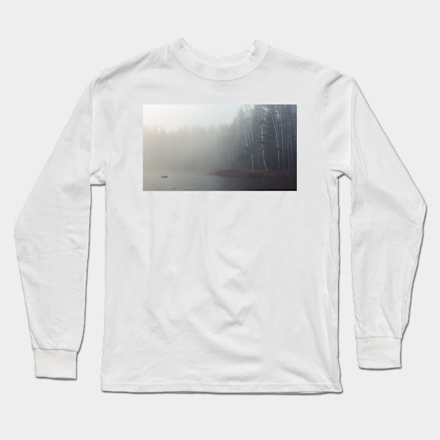 Foggy lake and forest Long Sleeve T-Shirt by Juhku